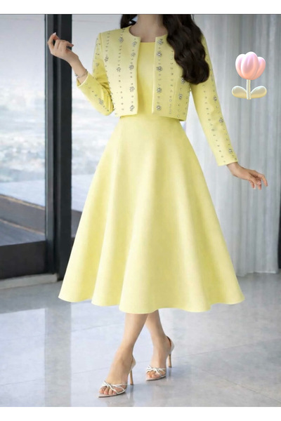 MAIN DRESS Lemon-colored embroidered dress and jacket