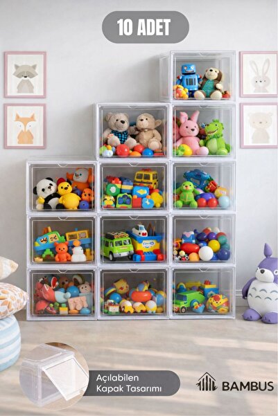 Bambus 10'lu Demonte İstiflenebilir Oyuncak Kutusu Kapaklı Organizer Raf Çocu...