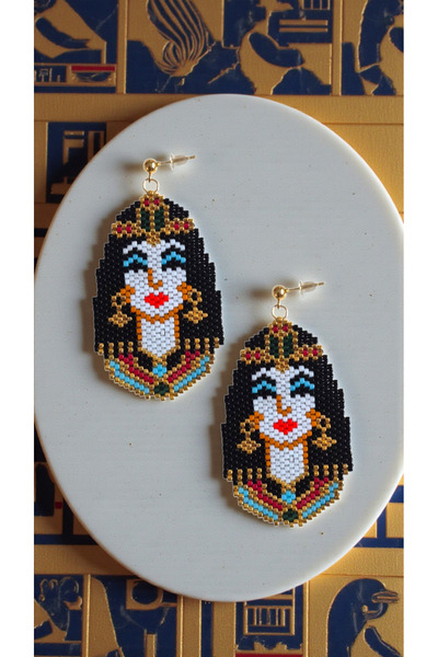 SEARD أقراط مصنوعة يدويًا من خرز ميوكي على شكل كليوباترا الفرعونية المصرية 1