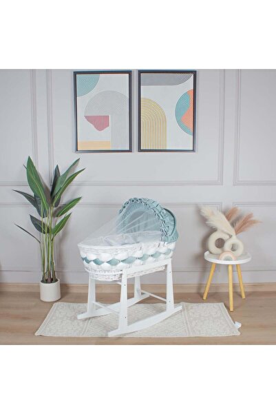 My Baby سرير سلة موسى خيزران ابيض بتلبيسة ضفيرة اخضر مع حامل هزاز امامي ابيض