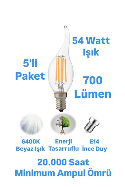 repplam 5'li Paket 6 Watt E14 Duylu Rustik Led Ampul Kıvrık Beyaz Işık Avize ...