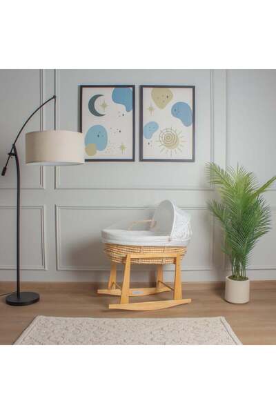 My Baby سرير سلة موسى قش بتلبيسة قماش قطن اوف وايت مع حامل هزاز امامي خشبي