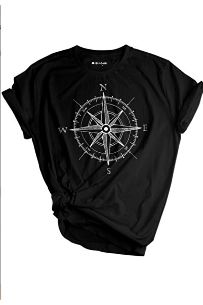 ALCİNOUS تي شيرت أسود كبير الحجم مطبوع عليه بوصلة من القطن للجنسين