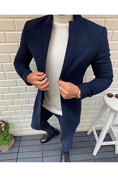 MODAMESTO Men's Navy Blue Slim Fit Stand Collar Buttoned Cashmere Coat