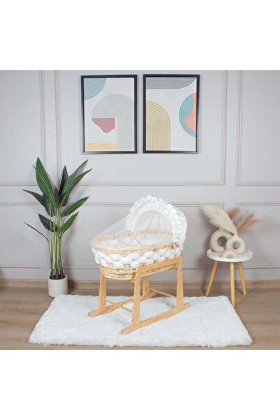 My Baby Wooden rattan Moses basket bed with off-white braided upholstery and ...