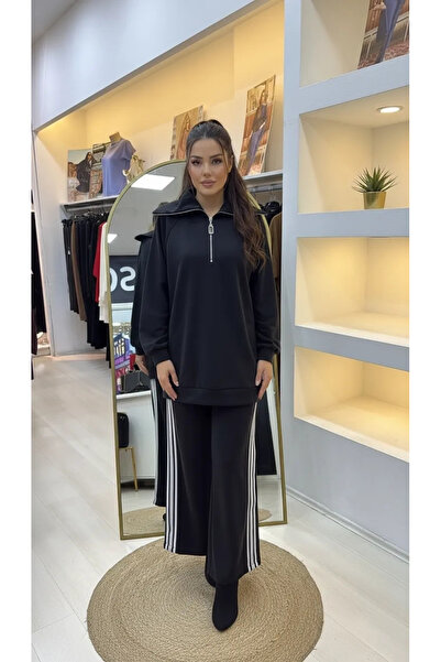 Nuss 1093 Şerit Desenli Pantolonlu Takım - siyah