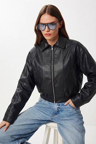 Lovelyİstanbul Faux Leather Bomber Jacket Lax0002 Black