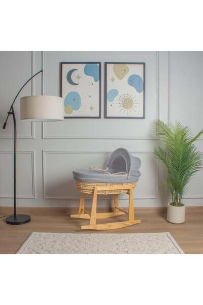 My Baby Straw Moses basket bed with grey striped fabric cover and wooden fron...