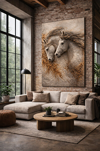 My canvas Rölyef At Figürlü Bronz Dokulu Endüstriyel Loft Salon Duvar Dekoru ...