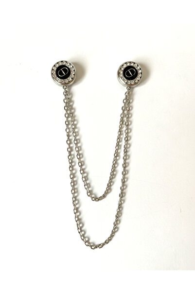 Alivascarf Gümüş Renk Çift Zincirli Taş Detaylı Yaka İğnesi Broş