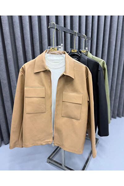 Avni Ceylan Men's Premium Wide Collar Pocket Leather Overshirt Jacket