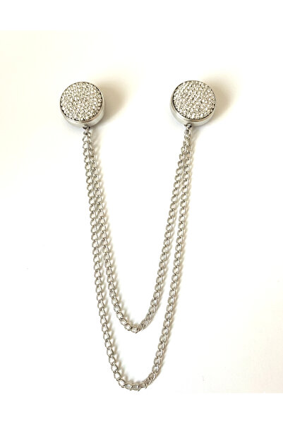 Alivascarf Gümüş Renk Çift Zincirli Taş Detaylı Yaka İğnesi Broş