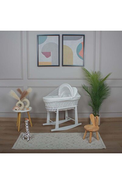 My Baby White rattan Moses basket bed with off-white striped fabric cover and...