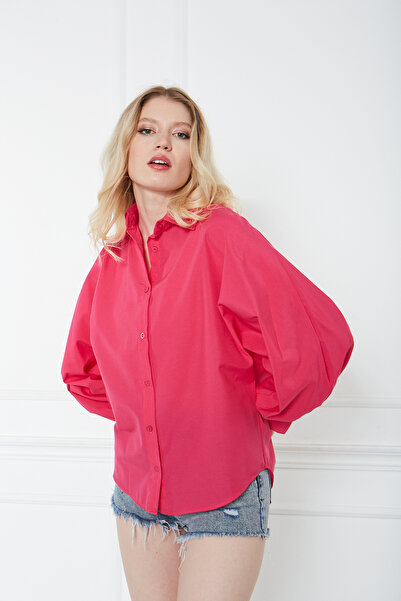 comstar Cămașă tunică roz de bază, cu mâneci bufante și nasturi, pentru femei