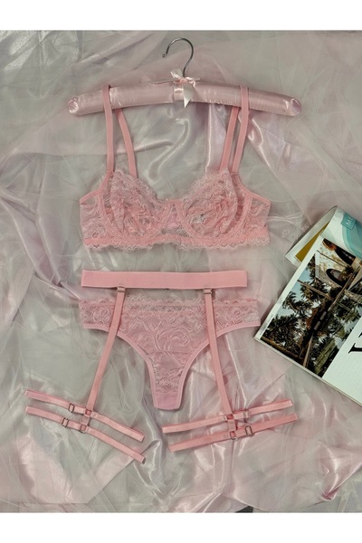 Amelia Paris Lingerie Pembe Brode Modern İşlemeli Balenli Kapsız 3 Parça Iç Ç...