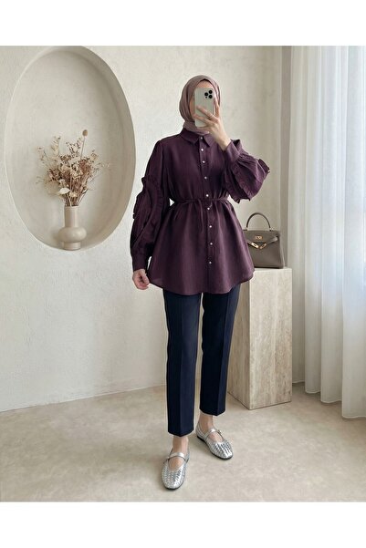 Modamorfo Cămașă cu mâneci cu volane, nasturi cu pietre și legături - Prune