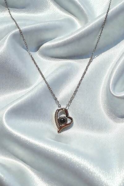 Sedoriam 100 Dilde Seni Seviyorum Projeksiyon Taşlı Kalp Kadın Kolyesi – Gümü...