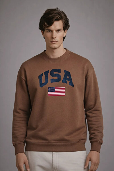 COMBİNE MİCHAİL Ανδρικό φούτερ με στάμπα America, φαρδύ, καφέ χρώματος