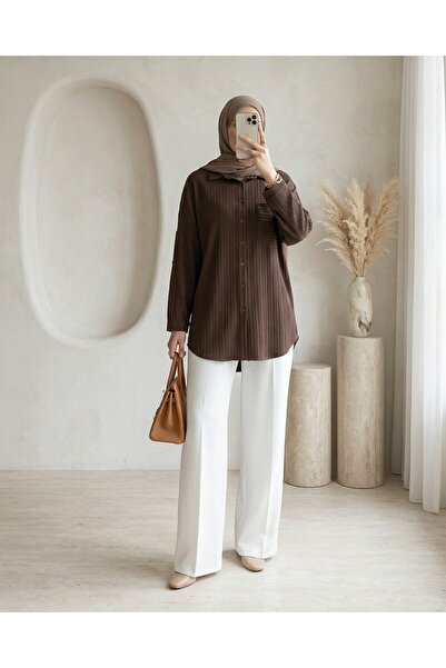 Modamorfo Single Pocket Striped Pattern Crinkle Shirt - Brown