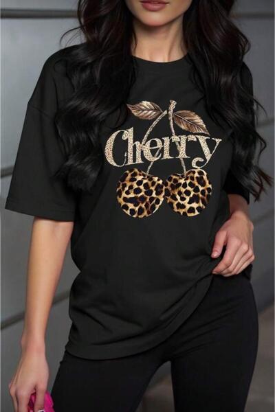 Oksit Tricou din bumbac pentru femei Gold Cherry, supradimensionat, cu imprim...