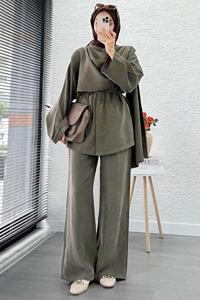 MELEK ARAZ Premium Women's Two-Piece Suit with Scarf Detail and Belt - Khaki