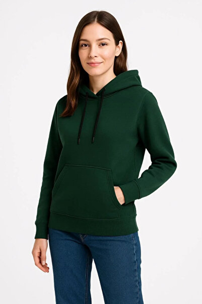 luz&pos Kadın Üç İplik Kapüşonlu Kanguru Cepli Sweatshirt hoodie - Haki