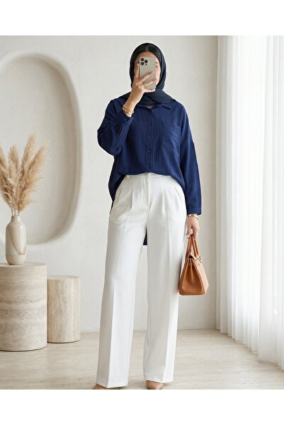 Modamorfo Single Pocket Striped Pattern Crinkle Shirt - Navy