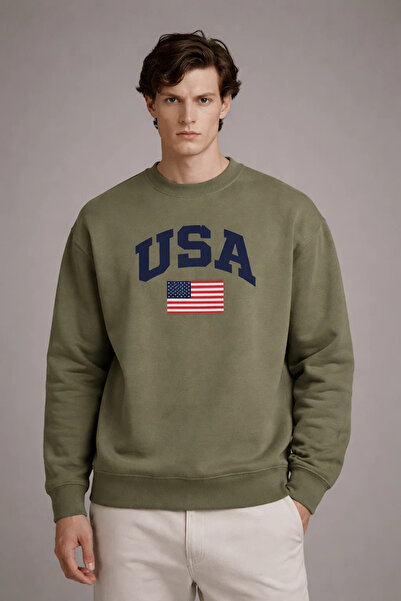 COMBİNE MİCHAİL Ανδρικό φούτερ με στάμπα America, χαλαρό, χακί χρώματος