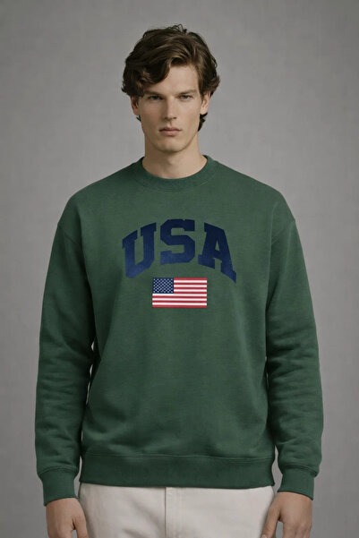 COMBİNE MİCHAİL Ανδρικό φούτερ με στάμπα America, φαρδύ, σε κόκκινο και πράσι...