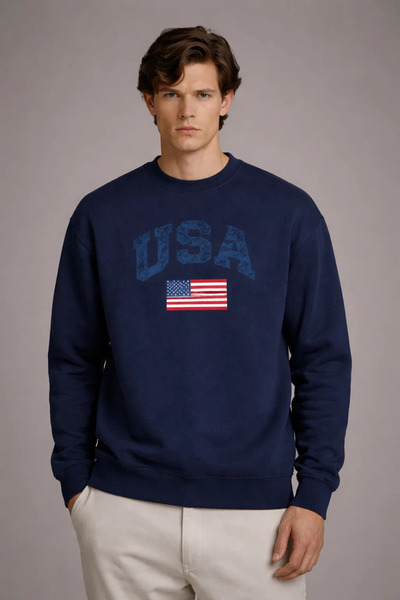 COMBİNE MİCHAİL Erkek Amerika Baskı Bol Lacivert Sweatshirt