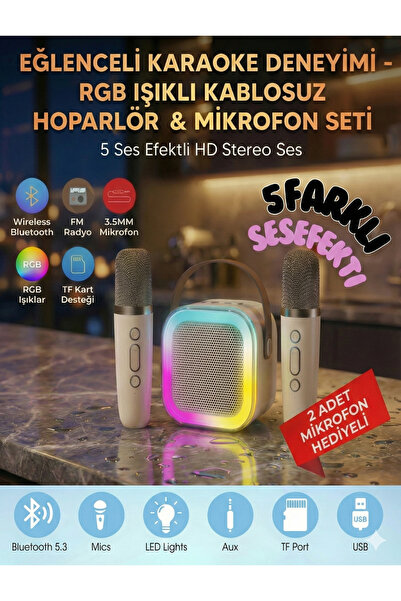 emybox RGB Işıklı Çift Mikrofonlu Taşınabilir Çocuk Karaoke Hoparlör Seti - B...
