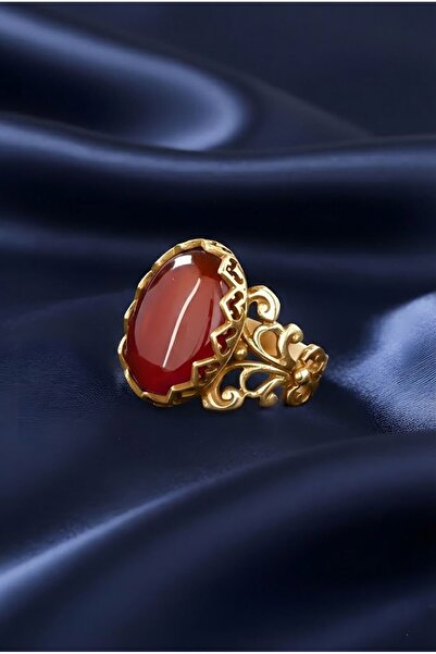 Takıdepo Rumi Model Akik Taşlı El İşi Gümüş Yüzük - Altın Rengi