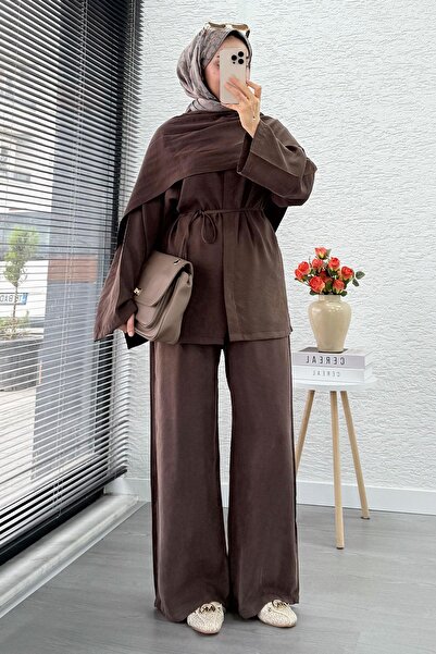 MELEK ARAZ Premium Scarf Detailed Belted Women's Two-Piece Set - Brown