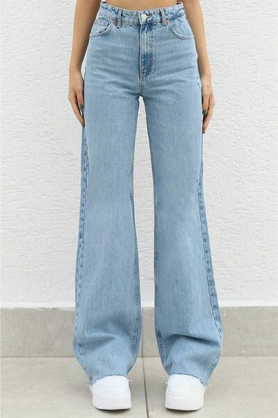 ByCukurovaFrango Blue High Waist Loose Jeans Blue Snow Wash Palazzo Lycra Str...