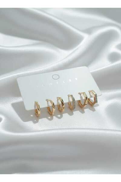 Şıkırtı Bijuteri minimal 3lü halka gold çelik küpeler