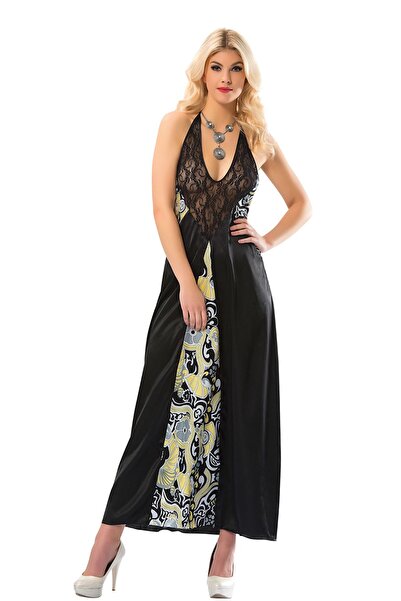 star iç giyim Black Lace Satin Nightgown - 086