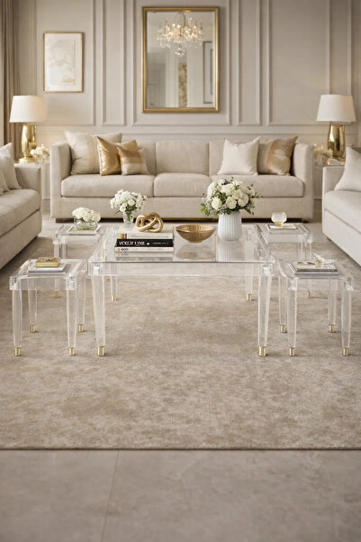 MARIA HOMES Modern Clear Acrylic Console Table Set 1+4 Square Coffee & Side T...