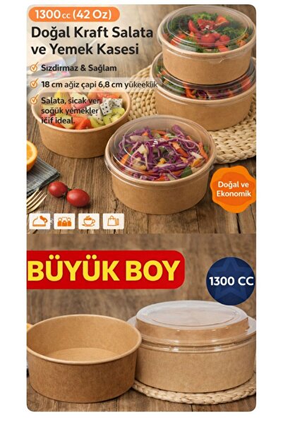 figanlar ambalaj 100 adet 1300 cc Kraft Salata ve Yemek Kasesi Kapaklı Sızdır...