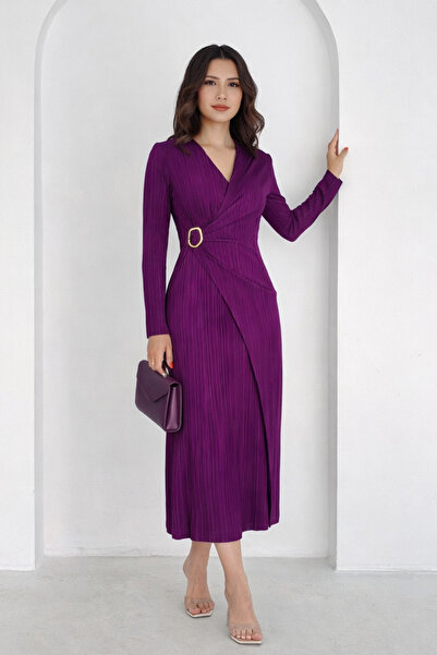 MODAMİNEM Double-Breasted Collar Buckle Detailed Women's Plum Pleated Dress