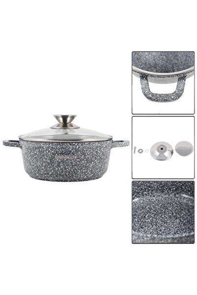 Kamille Aluminum Granite Pot with Glass Lid, 2.3 L (20 cm), Gray/Transparent