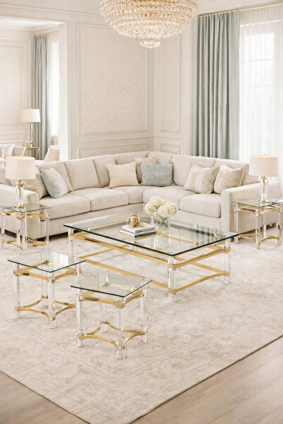 MARIA HOMES Luxury 5 Piece Acrylic Glass Table Set Gold Metal Frame Modern Li...