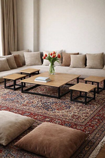 MARIA HOMES Modern 5-Piece Low Center Table Set Wood Top Black Metal Frame Fl...