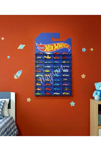 HOT WHEELS Hotwheels temalı eko mavi mdf 40 arabalık duvar rafı kartonet goru...