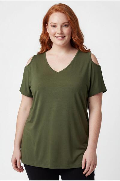 Ebsumu Women's Plus Size Off-The-Shoulder V-Neck Viscose Khaki T-Shirt – Fron...