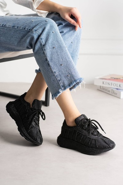 diclepolat Women's Black Stone Thick Sole Lace-Up Sports Shoes Sneaker Joya