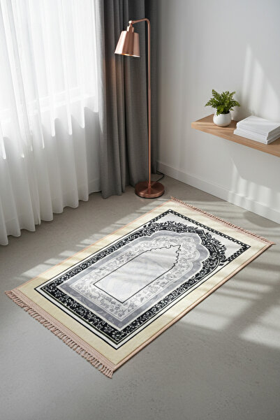 Goat-x Prayer rug with a classic mihrab pattern – beige with black and gray a...