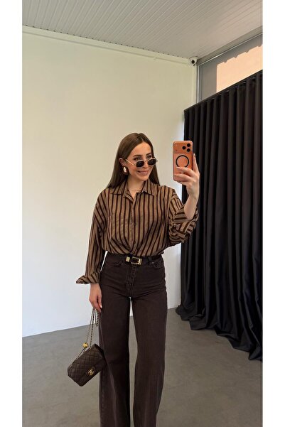 elif teke Taverny Kahve Çizgili Gömlek Kahverengi