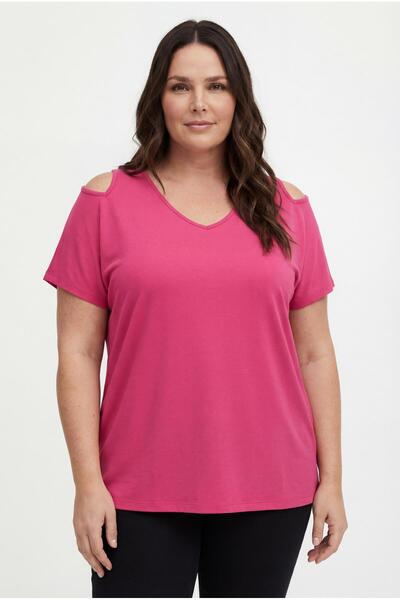 Ebsumu Women's Plus Size Off-The-Shoulder V-Neck Viscose Pink T-Shirt – Front...
