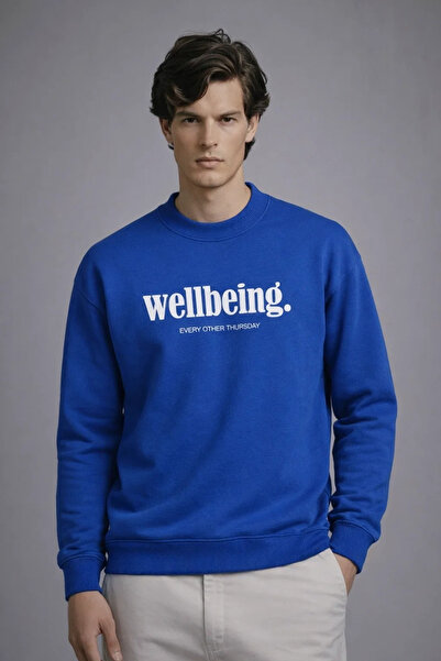 COMBİNE MİCHAİL Ανδρικό φούτερ με στάμπα κειμένου σε χαλαρό μπλε χρώμα