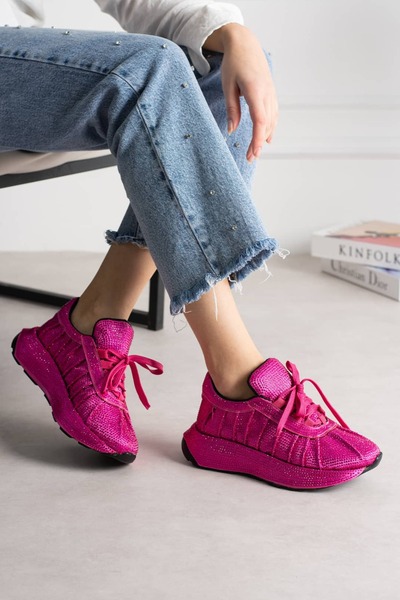 diclepolat حذاء رياضي نسائي ذو نعل سميك مزين بأحجار الفوشيا ورباط من نوع سنيك...